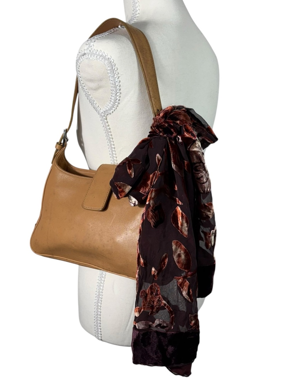 Vintage Brown Velvet Burnout Brown Triangle Sheer Scarf Wrap Bag Tie Whimsygoth